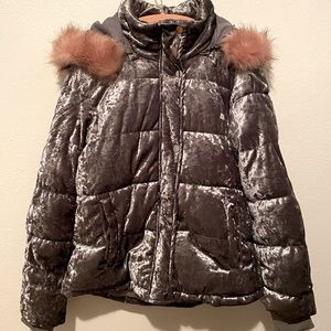 Ci Sono Velvet Gray Winter Jacket with Pink Faux Fur Collar